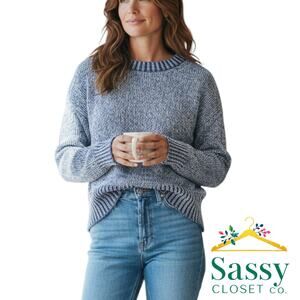 J. Crew Blue Contrast Trim Cotton Linen Crew Neck Sweater Split Hem XXS EUC